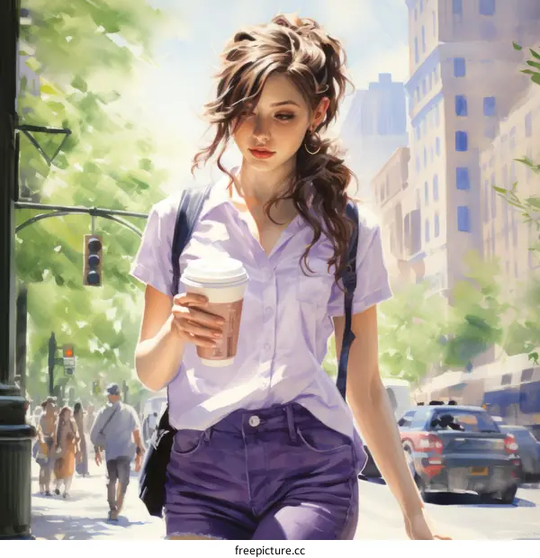 A young woman walking down a city street with a coffee cup in her hand