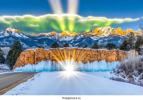Sun Rays Through Ice Curtain in Snowy Mountains