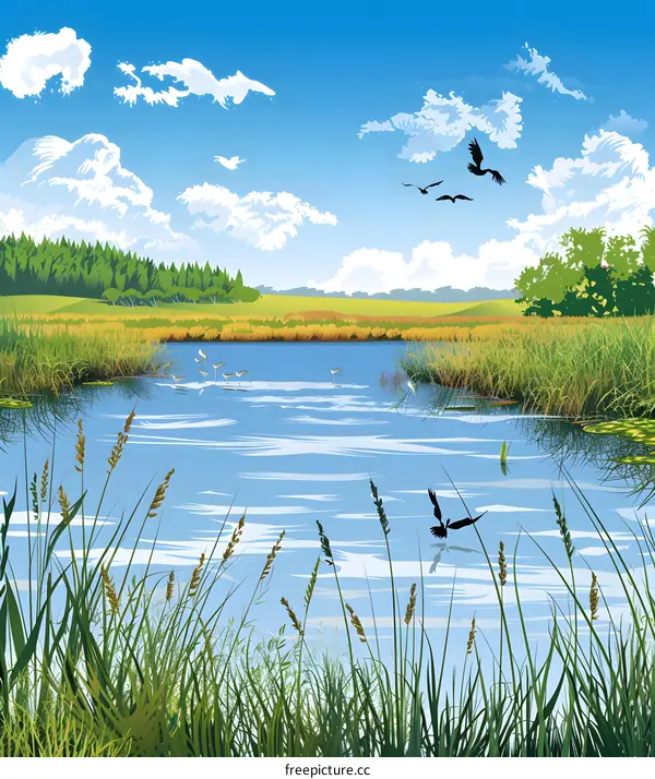 Peaceful Landscape With Blue Sky And Birds Flying Over Pond