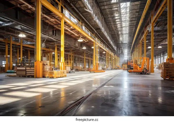 A large empty warehouse with yellow columns and a forklift