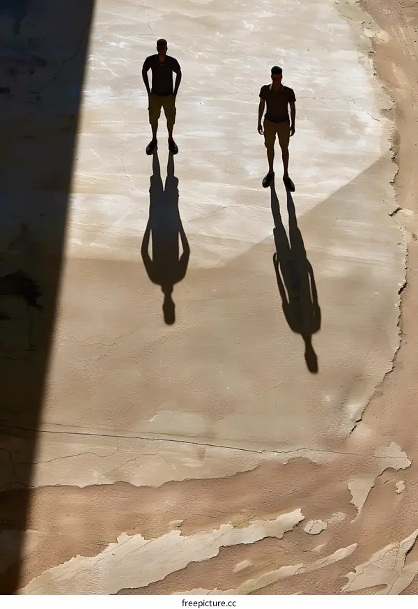 Two Men Standing in Shadows on Concrete Ground