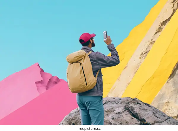 Man with Backpack Taking Photo of Colorful Mountains