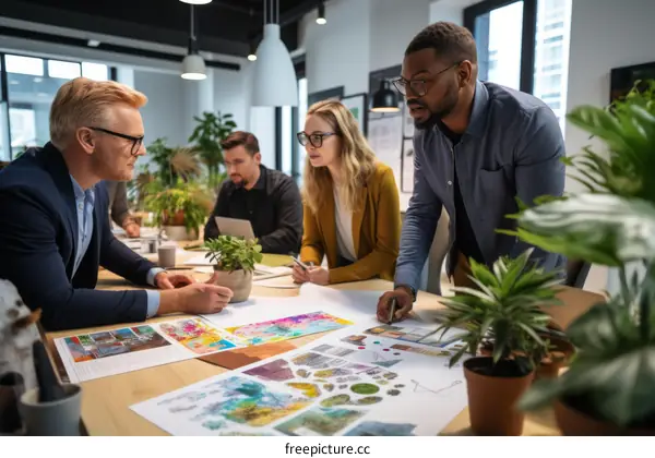 A group of people are discussing a project in an office.