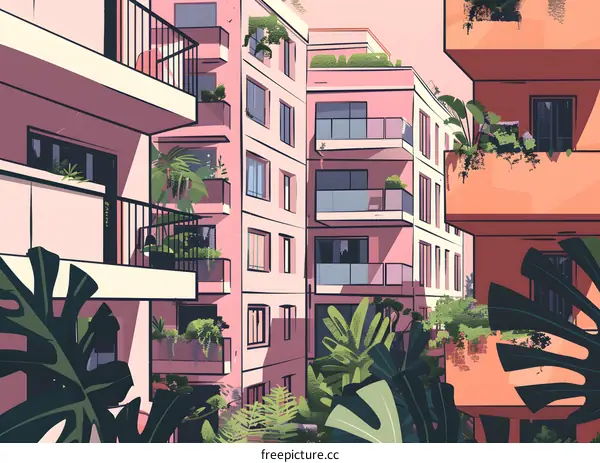 Pink Building with Green Plants