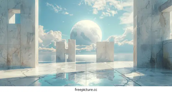 Mystical marble structure with a large moon in the distance