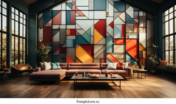 Modern living room interior with large stained glass windows
