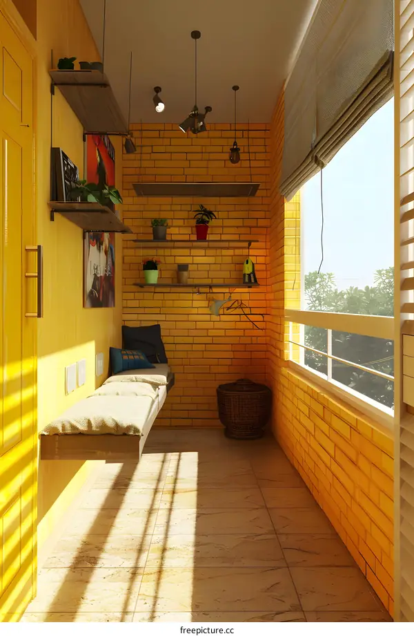 Modern Yellow Brick Balcony Design With Wooden Shelves