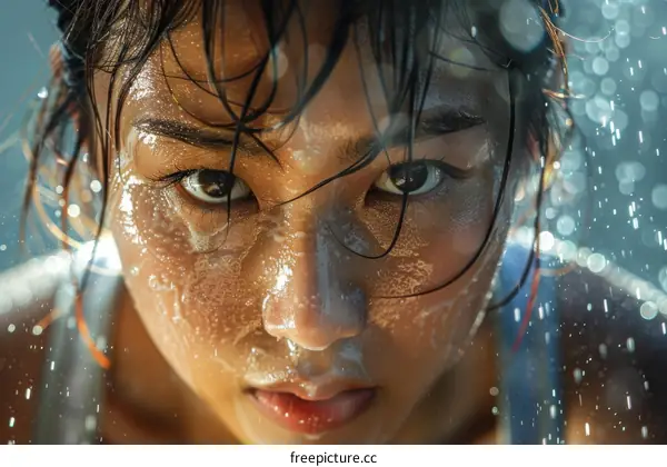 Portrait of a young Asian woman with water on her face