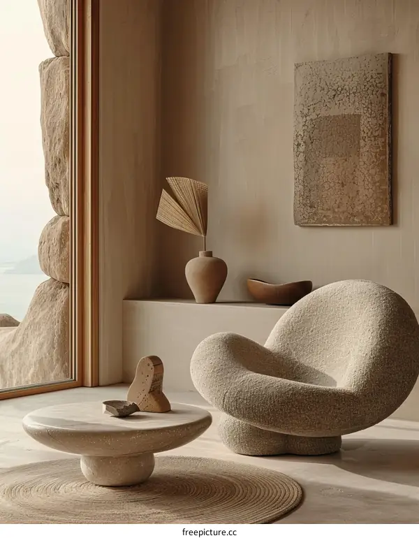 Modern Beige Living Room with Stone Coffee Table and Sculptural Chair