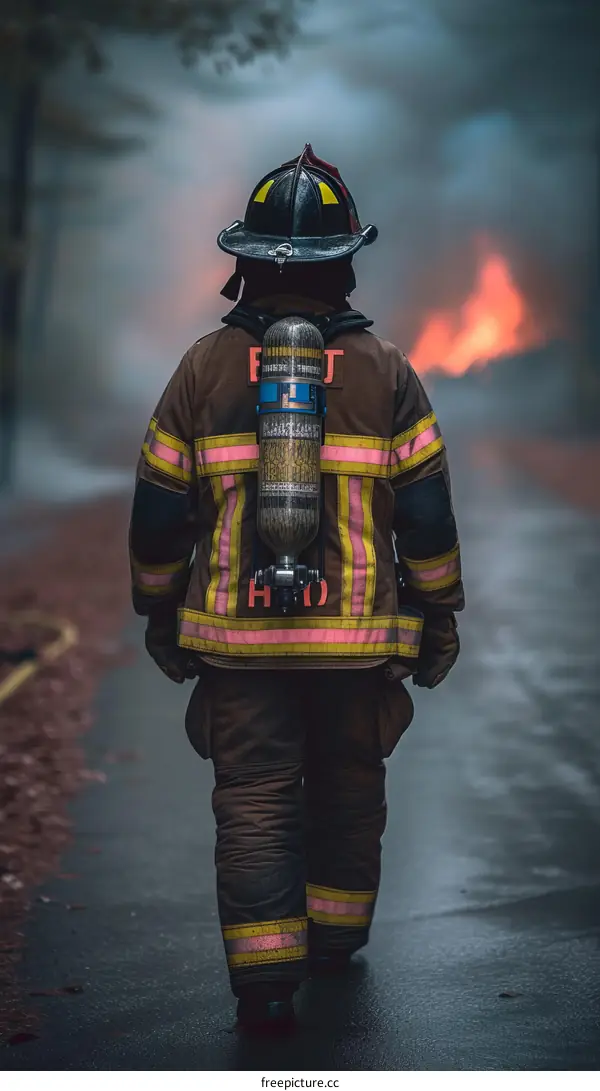 Firefighter walking towards a fire