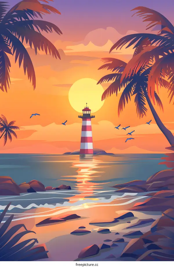 Lighthouse at Sunset with Palm Trees and Seagulls