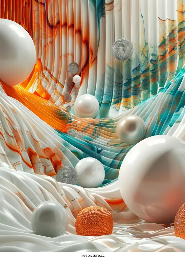 3d rendering of spheres floating in a colorful abstract landscape