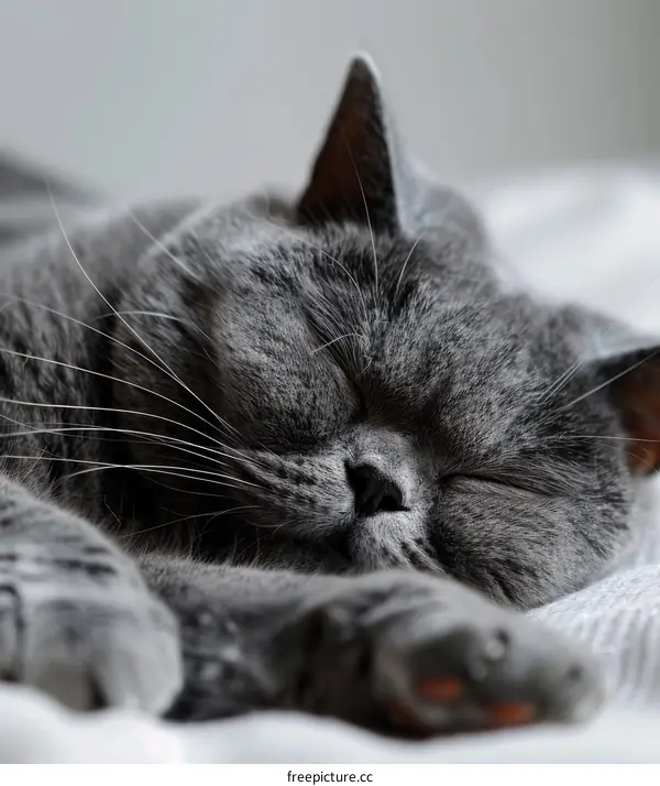 A gray cat is sleeping soundly on a white blanket