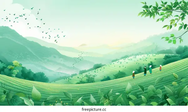 An illustration of a group of people walking through a tea plantation