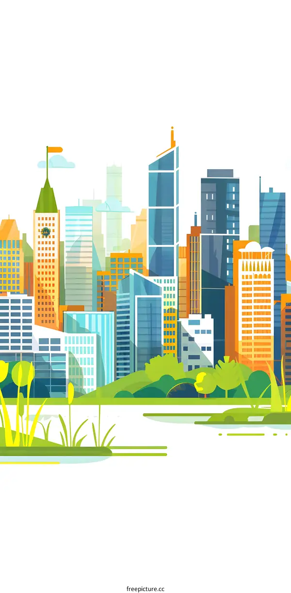 Modern City Skyline With Green Grass and Lake