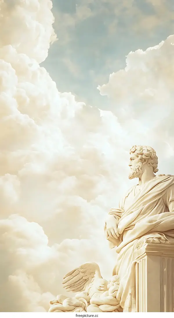 White Marble Statue of a Man with Wings Against a Cloudy Sky