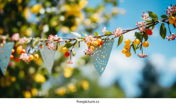 Colorful buntings hanging on a branch of a tree in a garden
