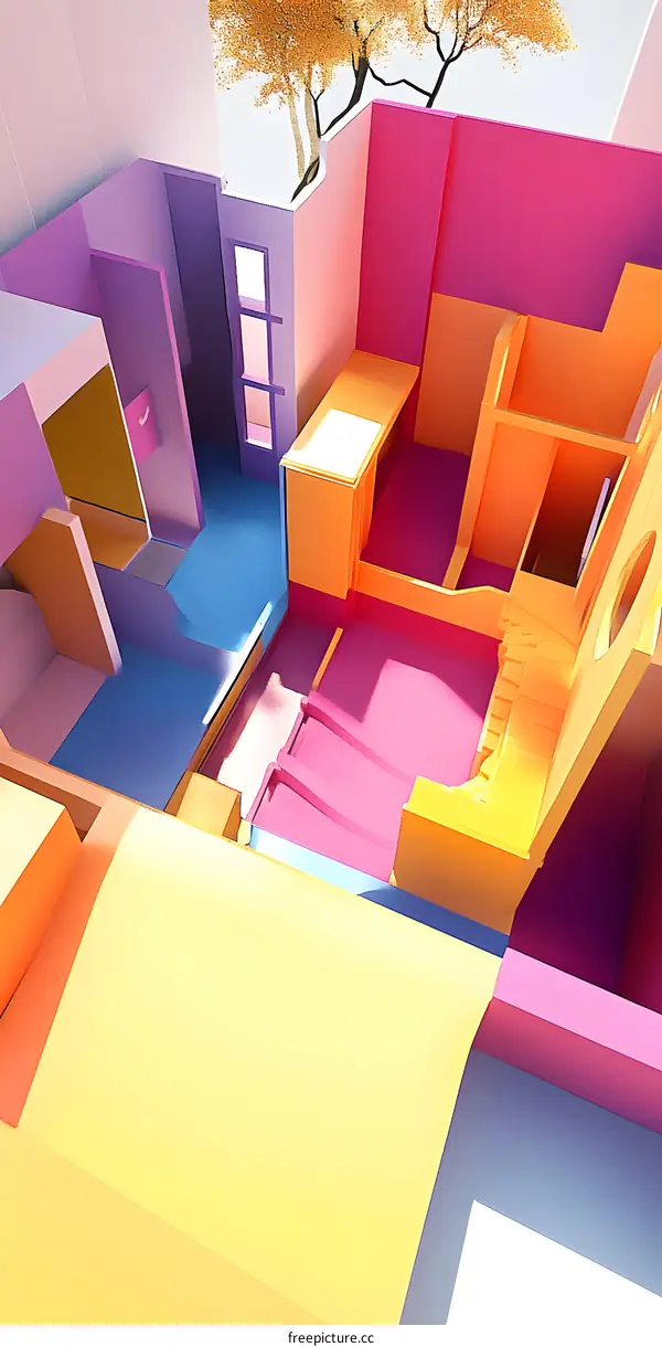 Abstract Interior Design with Colorful Walls and Geometric Shapes