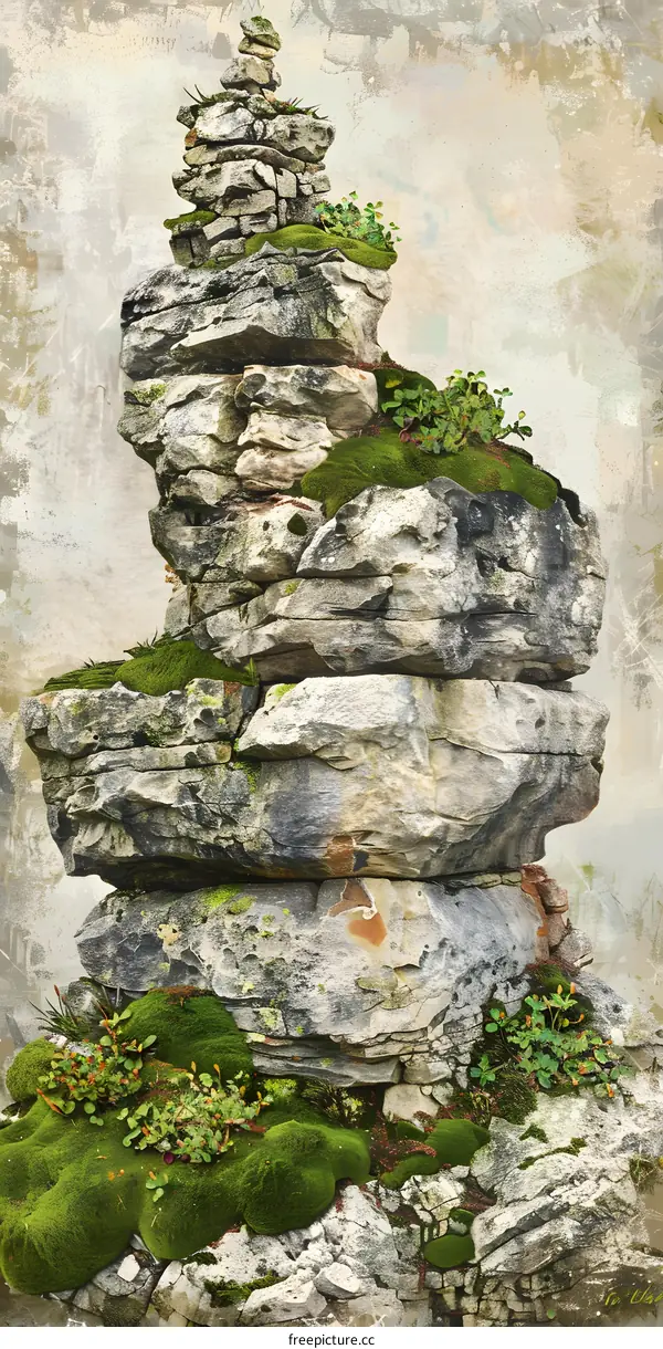 Stacked Rocks and Mossy Landscape