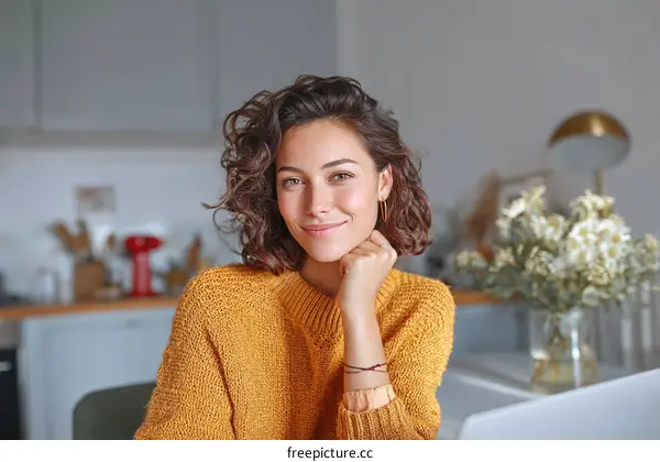 Woman in mustard yellow sweater indoor portrait