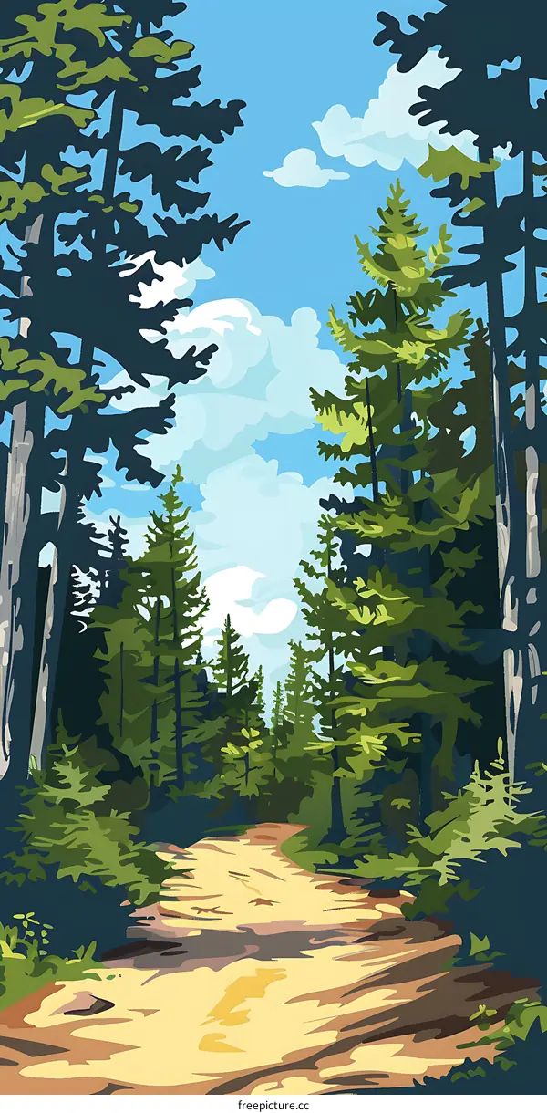 Forest Path Illustration With Tall Trees And Blue Sky
