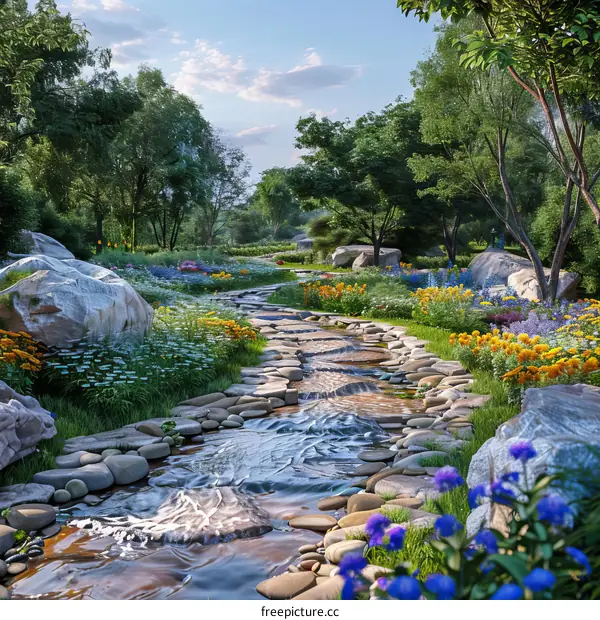 Tranquil Valley with Blooming Flowers and Lush Greenery