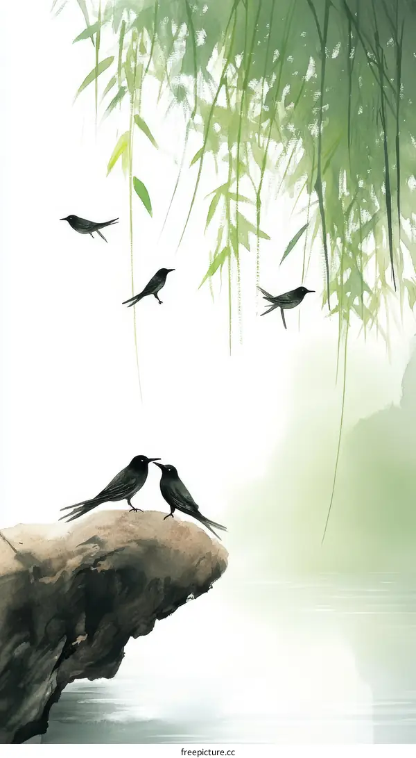 Birds in a tranquil landscape illustration