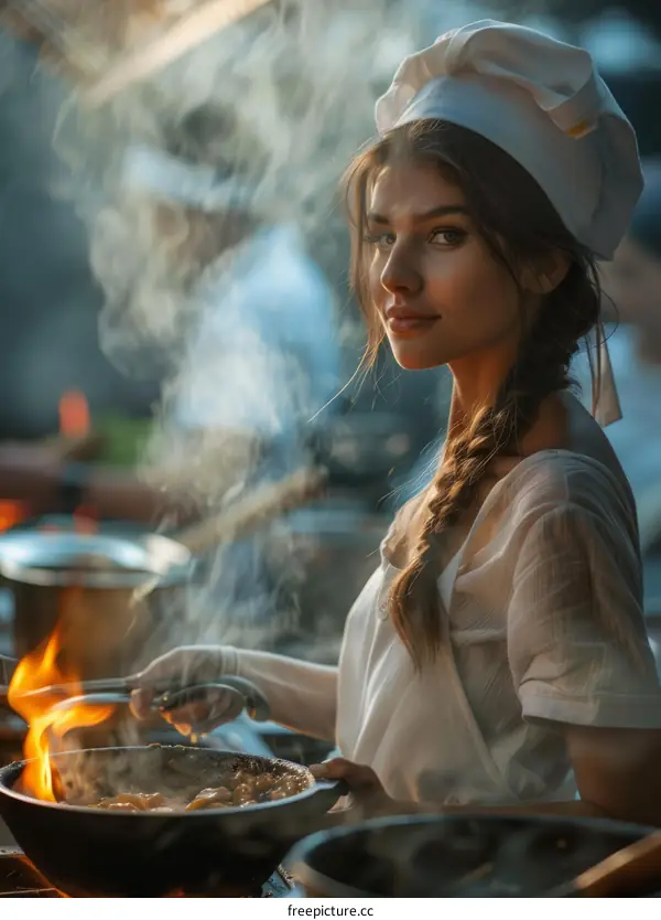 Beautiful young woman chef is cooking with fire in the kitchen