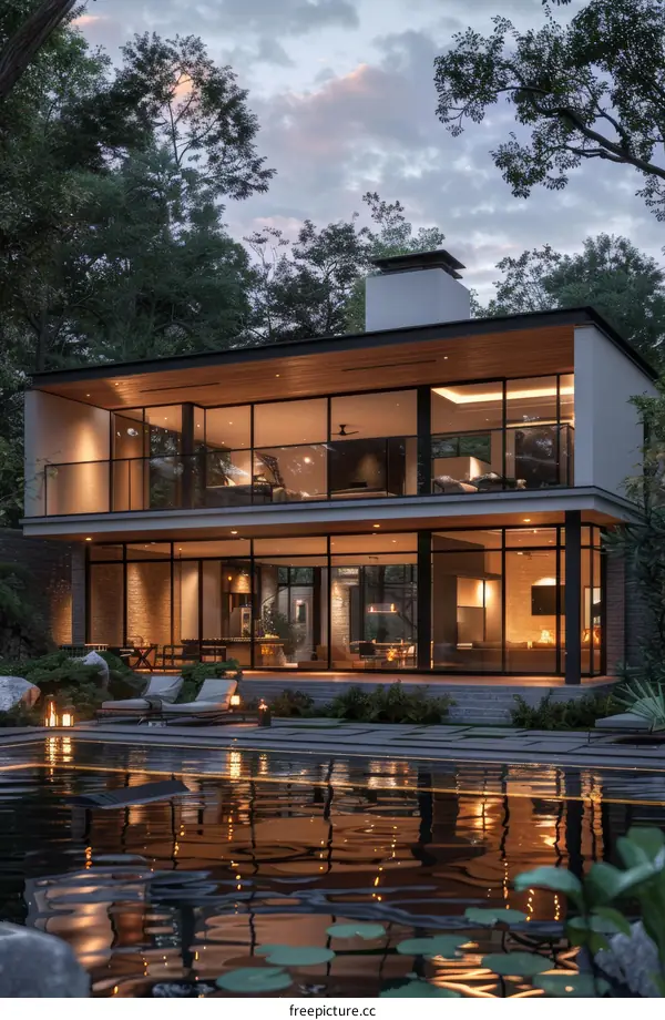 Modern House by the Pool at Dusk