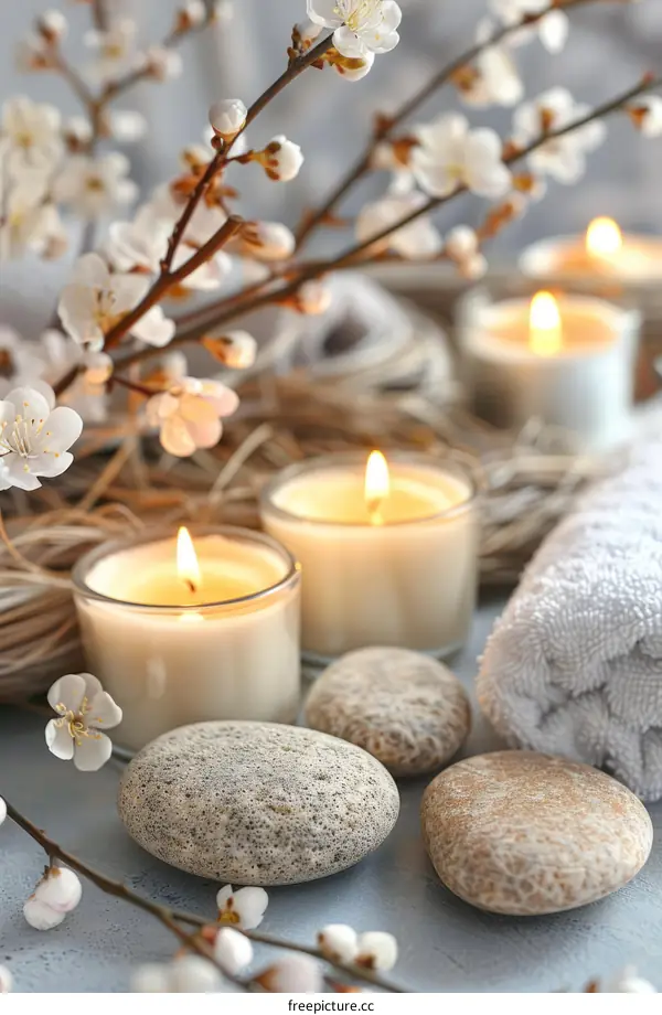 Spa composition with burning candles, towel and zen stones