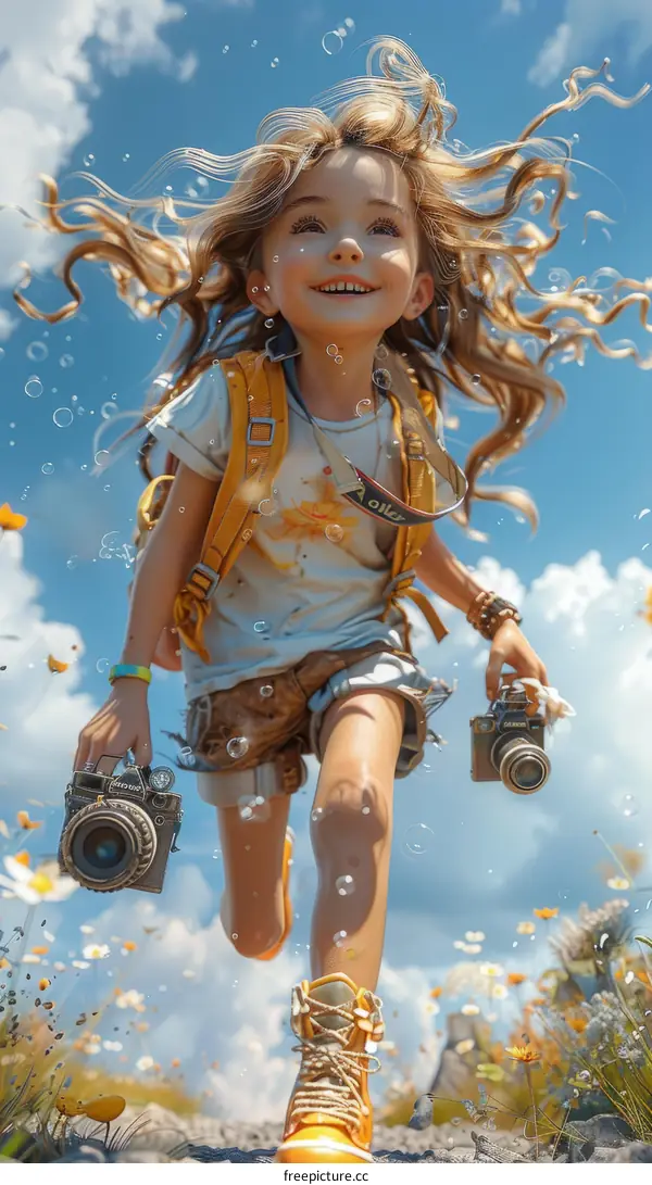 Little Girl Photographer with Blonde Hair and Blue Eyes