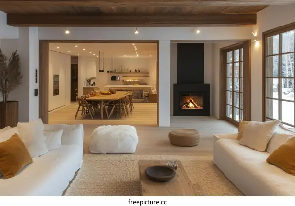 Modern Scandinavian Open-Plan Living Room with Fireplace