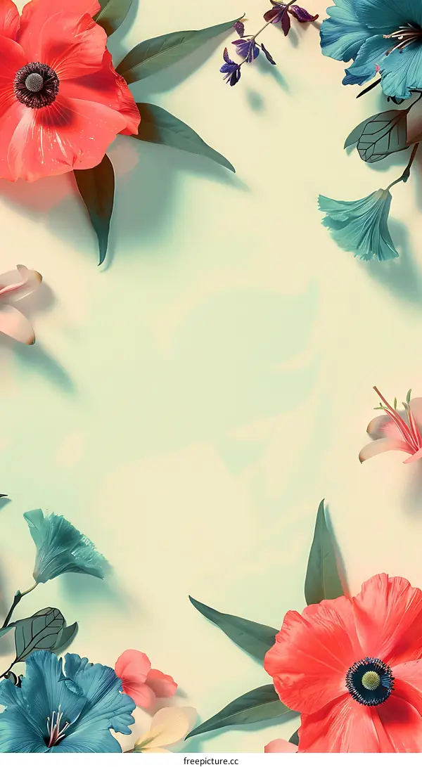 Floral Frame with Red and Blue Flowers on White Background