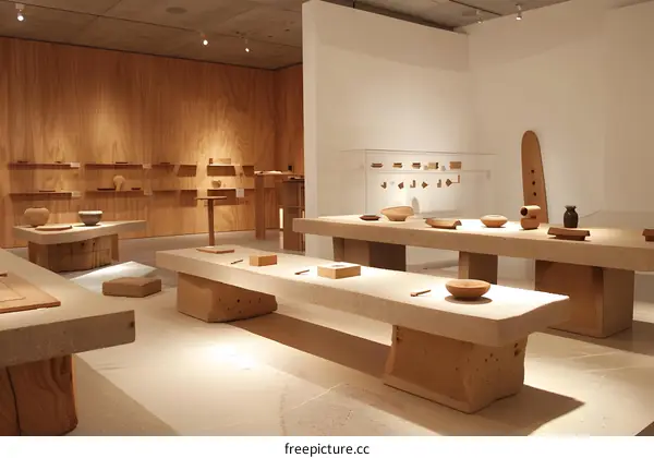 Modern Wood Furniture and Objects in an Exhibition Space