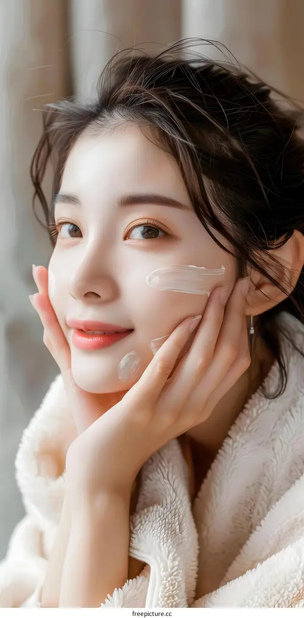 Young Woman Applying Face Cream In Soft Robe