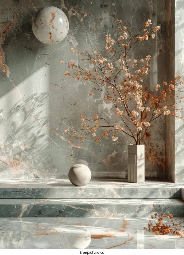 Minimalist Marble Texture Background with Vase and Sphere