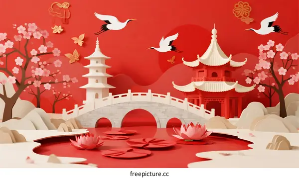 A Traditional Chinese Paper Cut Art with Cherry Blossoms and Pagodas