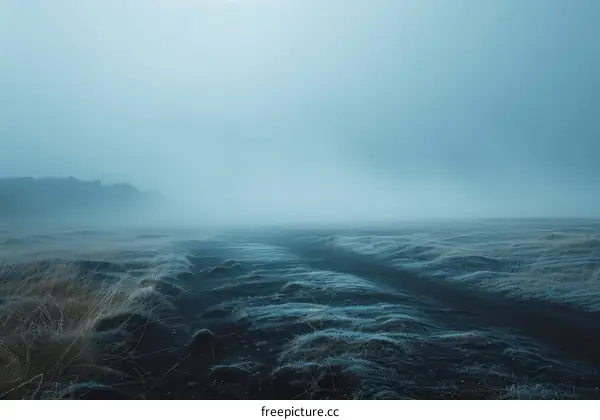 Foggy Icelandic Landscape with a Rocky Mountain in the Distance