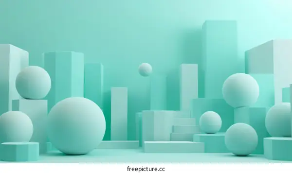 3D Render Green Geometric Background with Spheres Rectangles