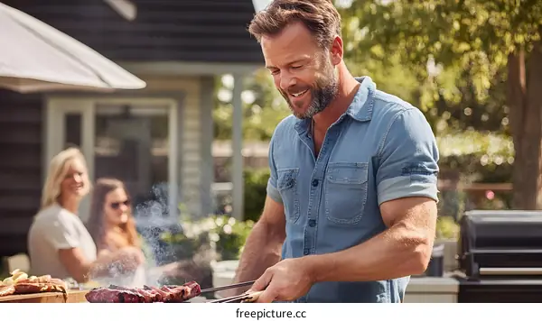 Man Grilling Meat on a Barbecue While Two Women Watch