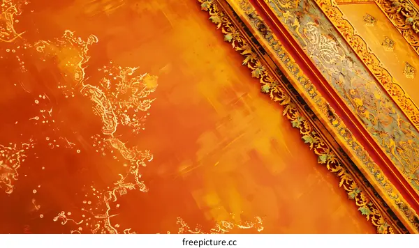 Intricate Golden Carvings on Red Wall