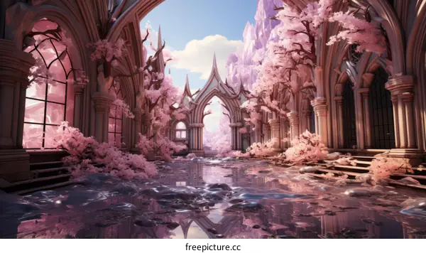 fantasy pink castle ruins overgrown with cherry blossoms