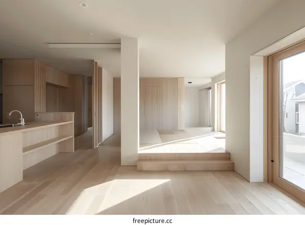 Modern Minimalist Living Room Interior Design With Wooden Flooring And Sliding Doors