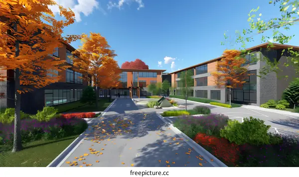 Modern School Building with Fall Foliage