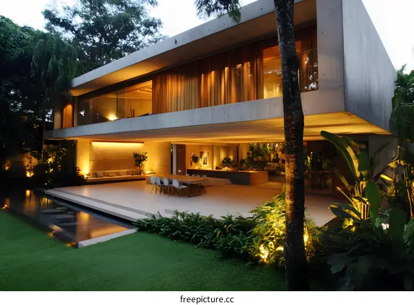 Modern Concrete House with Tropical Garden and Outdoor Patio