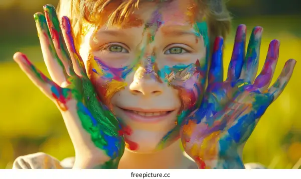 A young boy with colorful paint on his face smiles at the camera.
