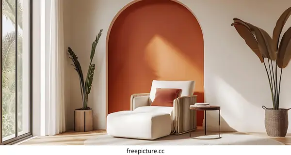 Modern Living Room with Archway and White Chair