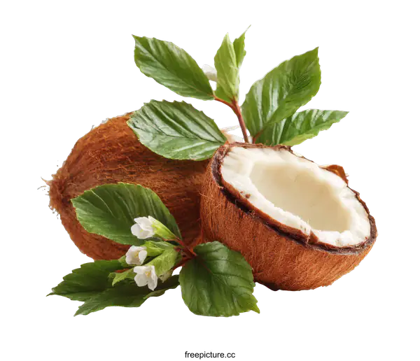 [Transparent Background PNG]Fresh Coconut with Leaves and Flowers