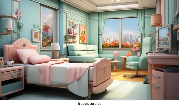 A serene hospital room with a bed, sofa, and large windows