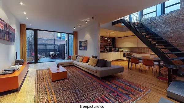 Modern Open-Plan Living Space with Courtyard View